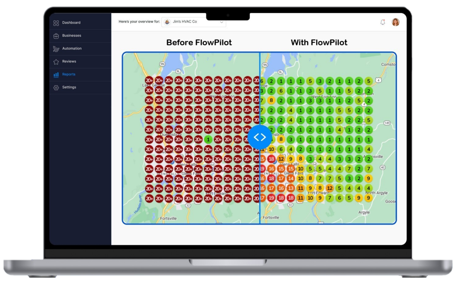 Local Google search heatmap before and after FlowPilot Google Business Profile optimization